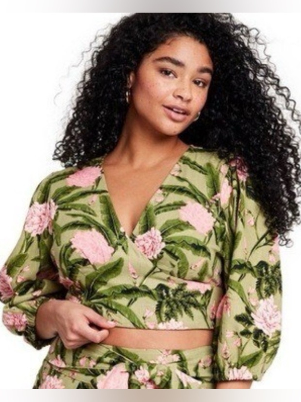 Aguabendita Target Floral Sage Green Wrap Crop Top with Pink Peony Blooms